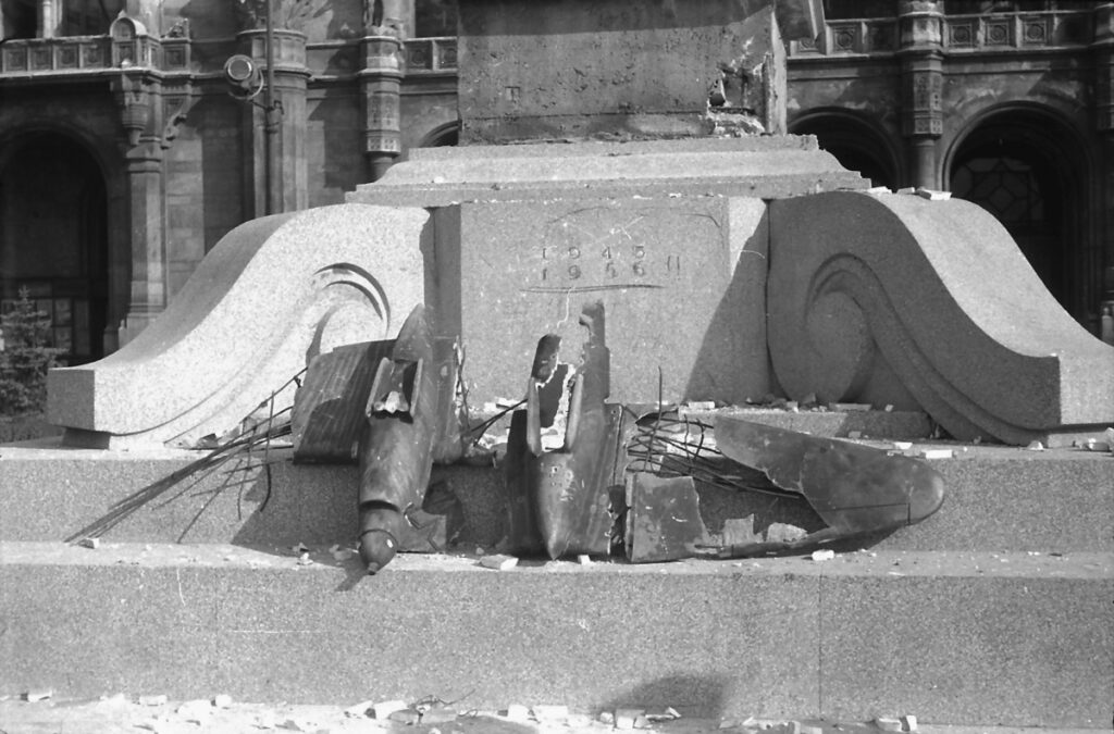The vandalised remains of the Memorial to Soviet Airmen in 1956